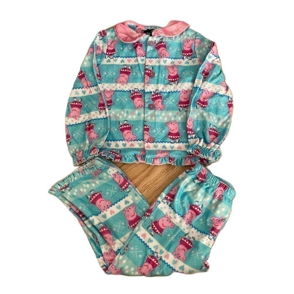 Peppa Pig Pajama Set 4T Blue Pink Girls 2 Piece Sparkle Collared Button Down